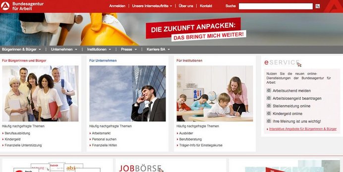 Screenshot Startseite Homepage Arbeitsagentur